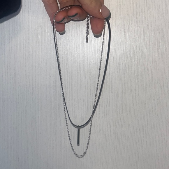 Double Chain Choker: Silver Plain Chain & Black Leather Chain with Silver Piece - Picture 1 of 3